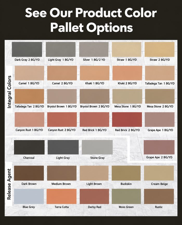 Loria Construction color chart: integral colors including Dark Gray, Light Gray, Silver, Straw, Camel, Khaki, Talladega Tan, Brystol Brown, Mesa Stone, Canyon Rust, Red Brick and Grape Ape, plus release agents including Charcoal, Light Gray, Stone Gray, Dark Brown, Medium Brown, Light Brown, Buckskin, Cream Beige, Blue Grey, Terra Cotta, Derby Red, Moss Green and Rustic
