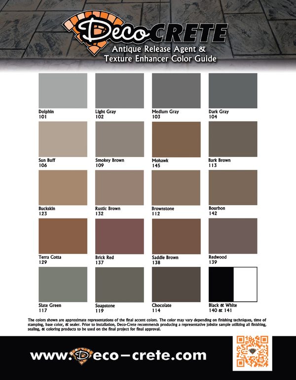 Deco-Crete antique release agent color guide: Dolphin, Light Gray, Medium Gray, Dark Gray, Sun Buff, Smokey Brown, Mohawk, Bark Brown, Buckskin, Rustic Brown, Brownstone, Bourbon, Terra Cotta, Brick Red, Saddle Brown, Redwood, Slate Green, Soapstone, Chocolate, and Black & White