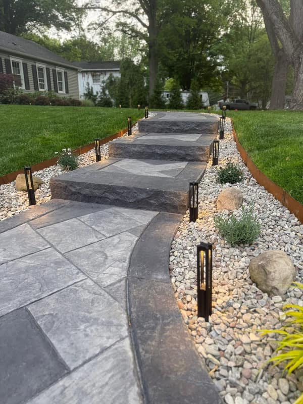 Stepped stamped walkway with path lights